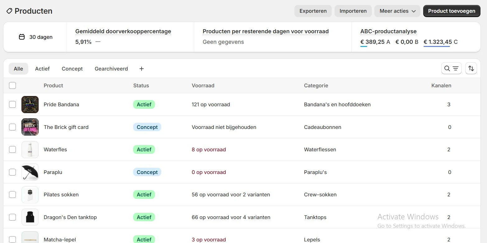 shopify webshop beheer producten