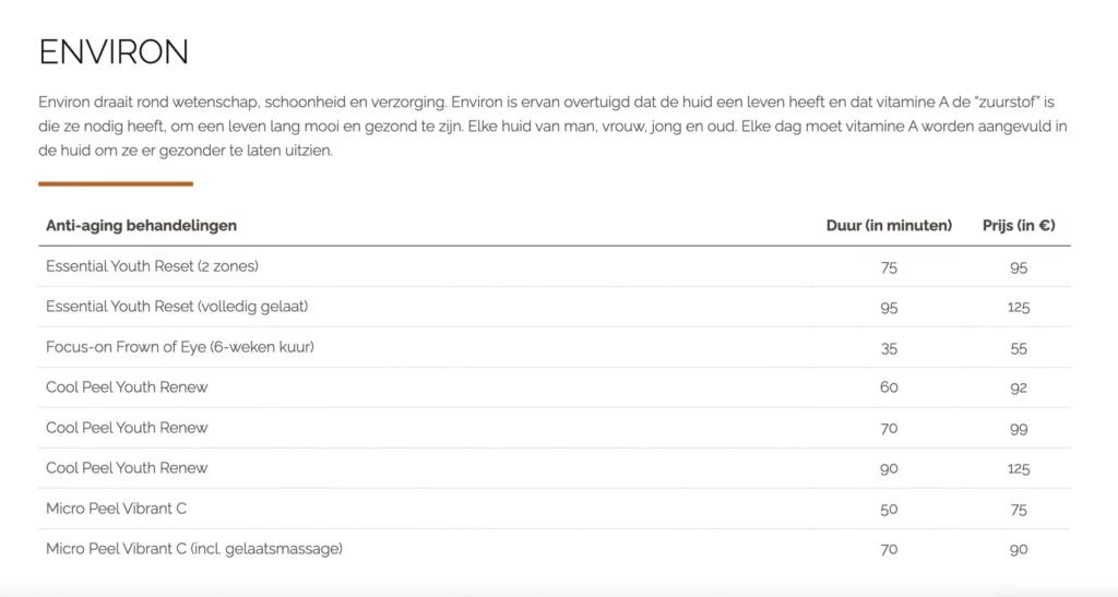 Overzichtelijke prijslijsten per merk of behandeling, met aanduiding van prijs en tijdsduur — Het schoonheidssalon kan zelf eenvoudig alle prijslijsten aanpassen. website schoonheidssalon blog - Bio-esthetiek Schilde